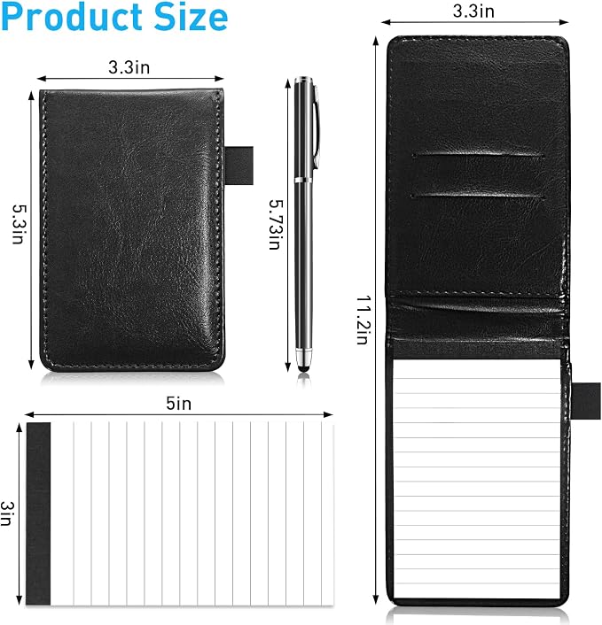 12Pcs Mini Pocket Notepad Holder Set,Included with 50 Lined Sheets, Metal Pen and 8 Pieces 3 x 5 Inch Memo Book Refills with 30 Lined Paper Per Note Pad,Leather Notepad Pocket,Black