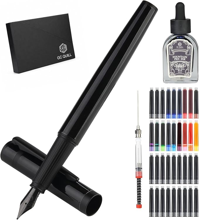 Fountain Pen Set, Elegant Executive Fine Nib Pen with Ink Converter, Refill Tool, Black & Assorted Cartridges, Bottled Ink, Gift for Journaling, Writing, Office and Beginners (All Black)
