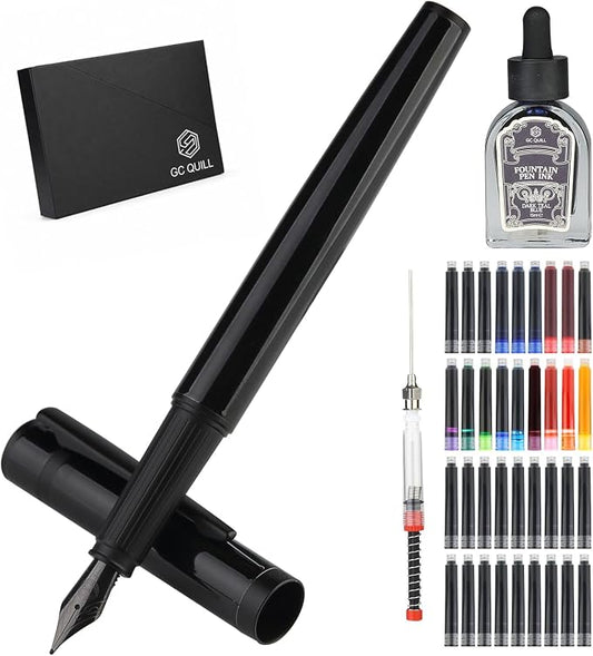 Fountain Pen Set, Elegant Executive Fine Nib Pen with Ink Converter, Refill Tool, Black & Assorted Cartridges, Bottled Ink, Gift for Journaling, Writing, Office and Beginners (All Black)