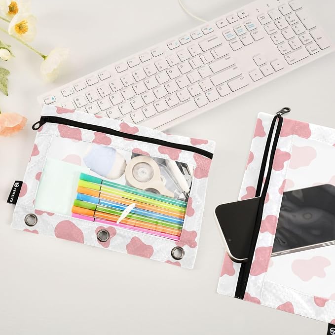 Gredecor Binder Pencil Pouch 3 Ring Abstract Pink Cow Zipper Pencil Pouches Case 2 Pack Clear Binder Organizer for School Office