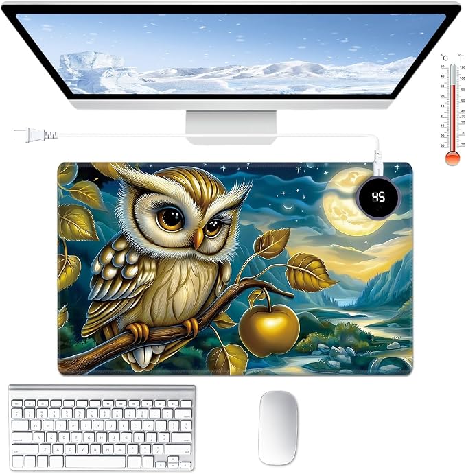Heated Desk Pad Large Mouse Pad 23.6 x 14.1 inch with 3 Levels Heating & Auto Shut-Off Warm Mouse pad PU Leather Computer Mousepad for Home Office Work - Owl Moon