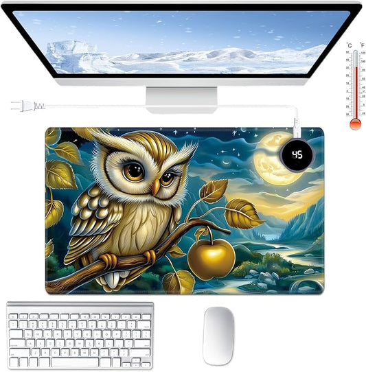 Heated Desk Pad Large Mouse Pad 23.6 x 14.1 inch with 3 Levels Heating & Auto Shut-Off Warm Mouse pad PU Leather Computer Mousepad for Home Office Work - Owl Moon