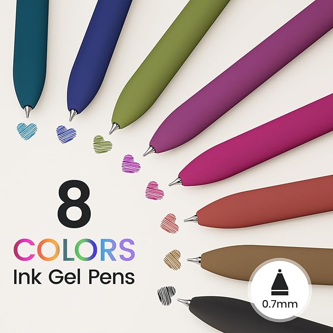 8 Pcs Colored Gel Pens with Fidget, Vintage Color Ink No Smudge | 0.7 Fine Point Smooth, Quick-Drying Ink, Retractable Pens for Coloring Journaling Note Taking, School Office, Student Adults