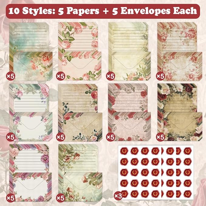 FUNCLASS 160 Pcs Vintage Floral Stationery Set Letter and Envelopes | 50 Lined Stationery Paper and 50 Matching Envelopes , 5.5 x 8.25 Inches Letter Writing Stationery for Home, Office, School