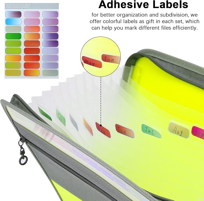 NAFY Expanding File Folder, 13 Pockets Document Organizer with Zipper, A4 Letter Size Portable Accordion Expanding File Folders with 27pcs Multicolor Labels for Home Office School Supplies (Green)