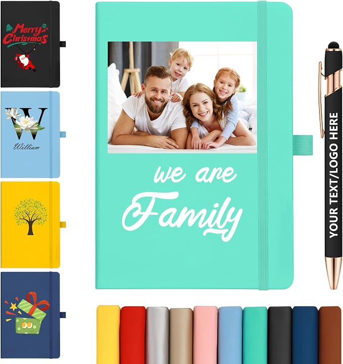 ENOMY Personalized Notebook & 10 PC Pens Gift Set Custom Notebook Journal A5 200 Pages A5 Lined Journal for Men Women Hardcover Notebooks for Work College Graduation Gifts, Lake Blue