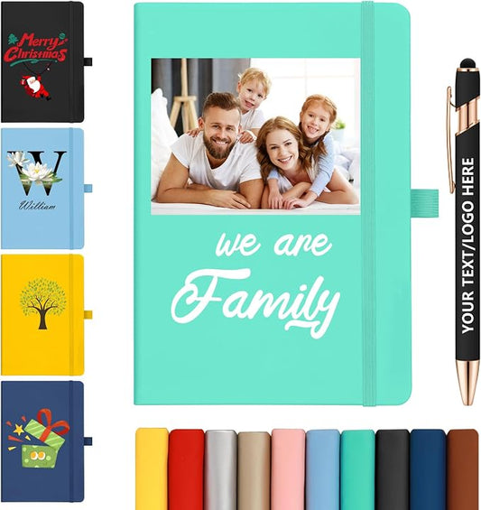 ENOMY Personalized Notebook &10 PC Pens Set A5 Journal Hardcover Custom Notebook 200 Lined Pages Business Notebook with Pen Holder for Holiday College Birthday Business Gift, Lake Blue