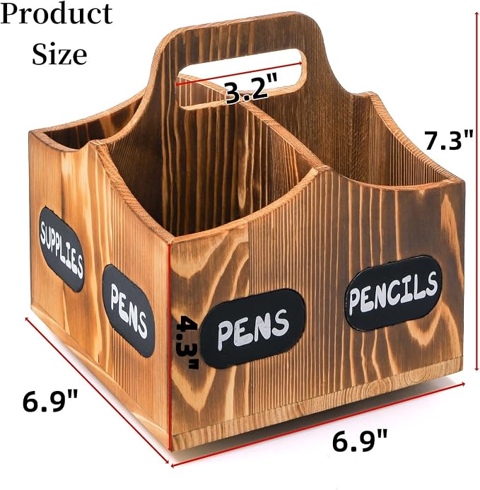Covzoe 360° Rotating Art Supply Organizer, Wood Pen Pencil Holder with Handle, 4 Slots Lazy Susan Desktop Storage Caddy for Paint Brushes, Crayons, Art Studio, School, Office Supplies