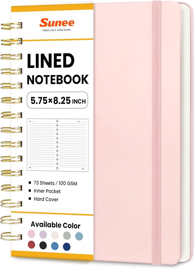 SUNEE Lined Spiral Journal Notebook for Women, 146 Pages College Ruled Hardcover Journaling Notebook for Work, Note Taking and Office School Supplies, A5 - Pink
