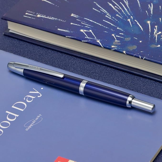 Jinhao 10 Press Fountain Pen with Box, Dark Blue Retractable Fine Nib with Ink Converter Set (Silver Clip)