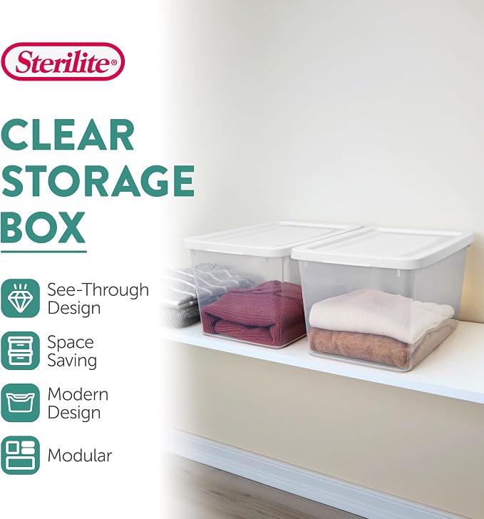 Sterilite Storage Box, Stackable Clear Plastic Bins, 20 Quart, 6-Pack | Heavy-Duty Organizing Containers with Snap-On Lids for Closet, Bathroom, and Office