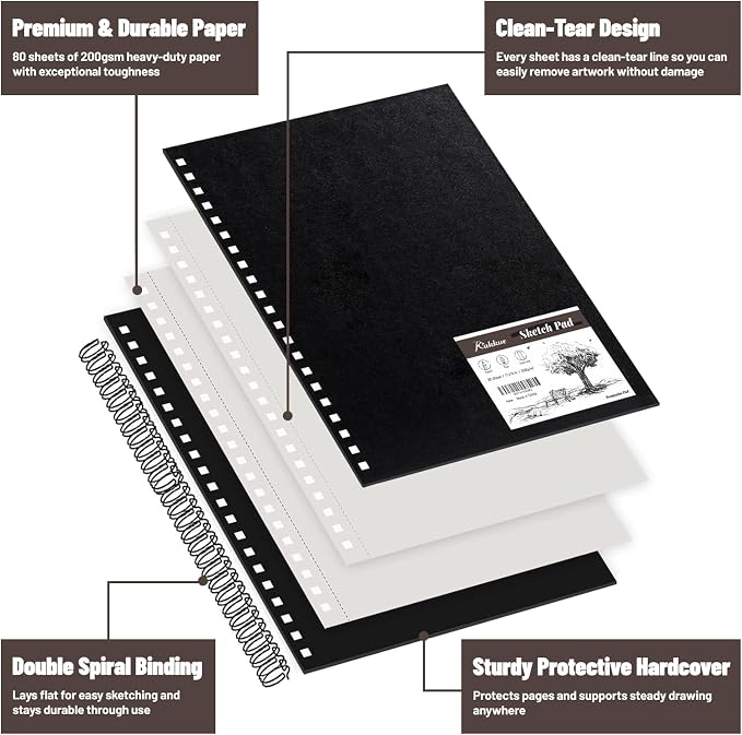 KAKKUE 8.5" x 11" 200 GSM Premium Mixed Media Sketchbook, 80 Sheets (160 Pages), Hardcover Spiral Bound Drawing Pad, Acid-Free Thick Artist Paper for Watercolor, Illustration & Professional Sketching