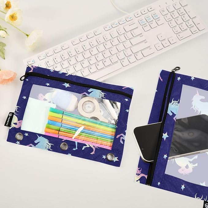 Magic Horse Pencil Pouch Fits standard 3-ring binders, Zipper Binder Pencil Bag with Clear Window for Class Office 2 Pack