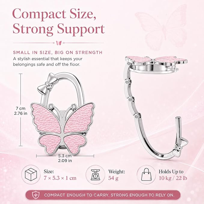 Purse Hook for Table, Foldable Handbag Hanger Holder for Women | Portable Bag Holder with Non-Slip Base, Cute Lychee Pink Butterfly Purse Table Hook for Restaurant Office Travel Gift
