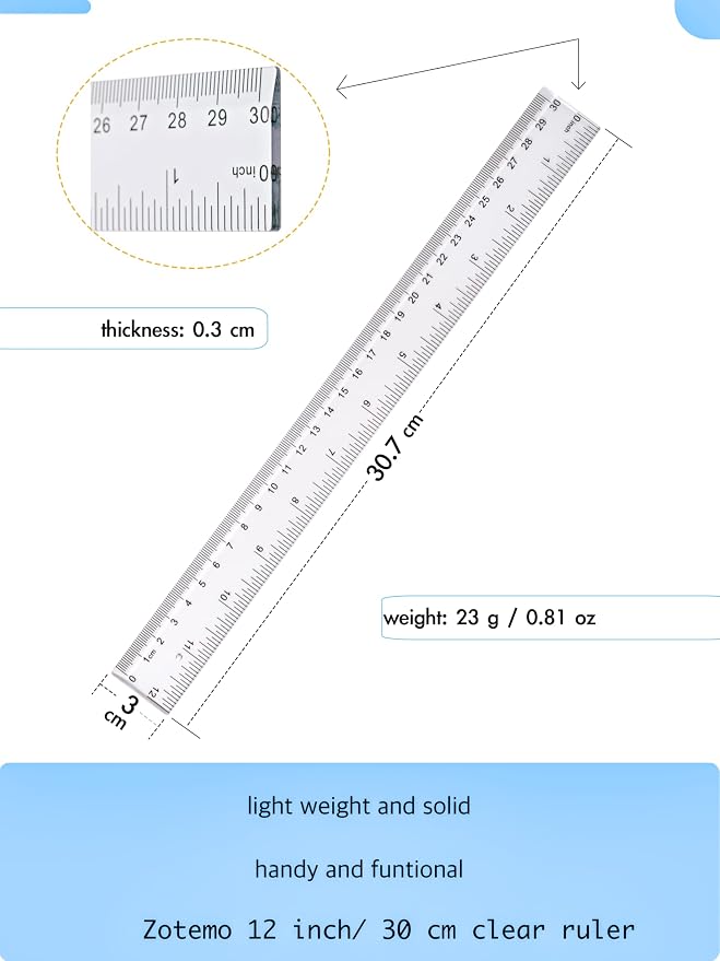 Ruler 12 Inch, 2 Pack Clear Plastic Rulers with Inches and Metric, Shatterproof Transparent Straight Edge for School Office, Easy-to-Read mm cm Markings