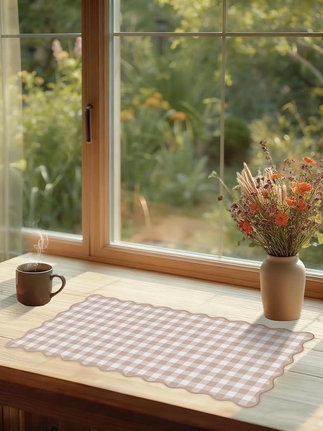 Scalloped‌ Checkered Desk Mat Cute Light Brown Gingham XXL Large Gaming Mouse Pad Farmhouse Cottagecore ‌Vintage‌ Keyboard Computer Mat Pad for Desktop Aesthetic Cozy Office Desk Decor