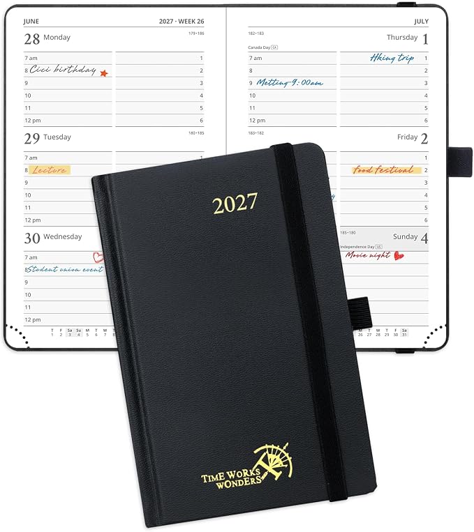 POPRUN Pocket Calendar 2027, 4" x 6.25" Pocket Calendar for Purse, Jan 2027 - Dec 2027 Small Planner, Weekly Appointment Book with Hourly Time Slots, Hardcover, 100 GSM - Black