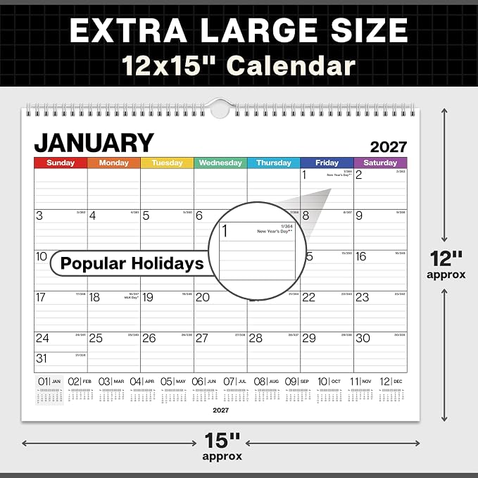 Dunwell Wall Calendar 2026-2027, 15" x 12", Jul. 2026 to Dec. 2027, 18 Months Monthly Planner with Thick Paper, Twin-Wire Binding, Large Hanging Calendar for School, Office Organizing, Easy Read