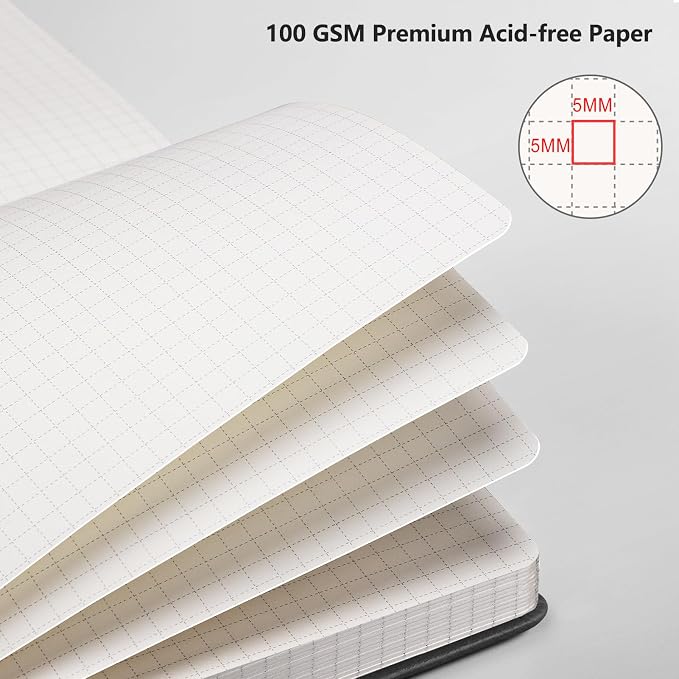 AHGXG Graph Grid Paper Notebook, 192 Pages, A5 Medium Size (5.7'' x 8.3'') | 5 Squares per Inch, Leather Hardcover, 100 GSM Thick Paper, for School, Students, Math, Engineering (Black)