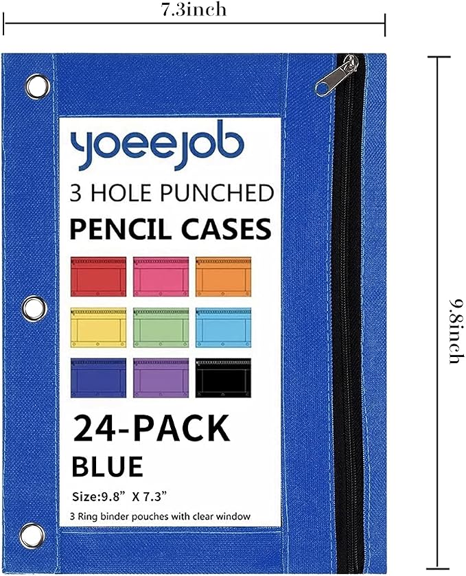 YoeeJob Binder Pouches for 3 Ring Binder, Pencil Pouch Pen Holder Case with Clear Window, Zipper Stationery Bag for School Class Office,24 Pack, Blue