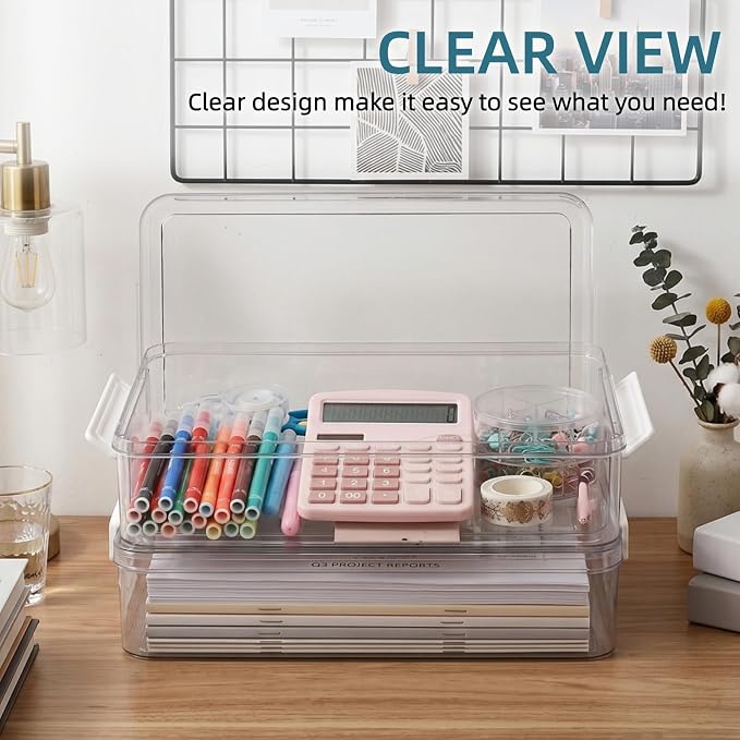 2 Pack Plastic File Storage Boxes, Flat Clear A4 Paper Art Supply Storage Organizer with Lids Latches, Stackable Magazine Bins Letters Documents Container for Home, Office
