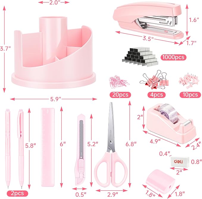 deli Office Supplies Set, Pink Desk Accessory Organizer Kit, Stapler Set, Rotating Multi-Functional Pen Holder, Tape Dispenser, Pens, Binder Clips, Sharpener, Scissor, Eraser, Pink Office Supplies