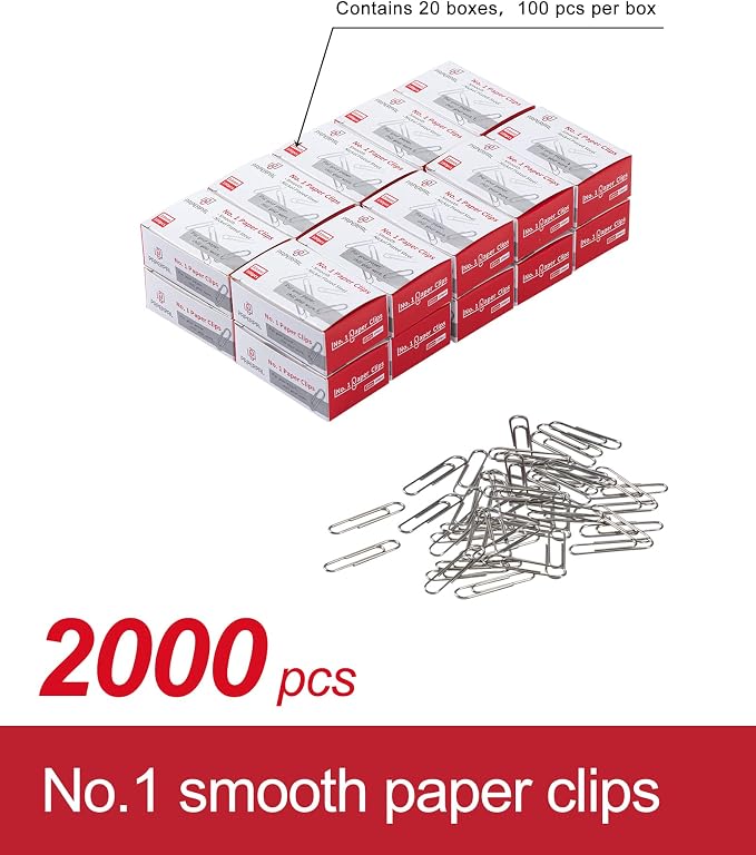 PAPERPAL Paperclips for Office School & Personal Use, #1 Smooth Paper Clip (1-2/7"), 2000 Medium Paper Clips (20 Boxes of 100 Each), Silver | Value bulk pack of 2,000 medium paper clips for offices, schools and businesses, packed in 20 boxes of 100 each.