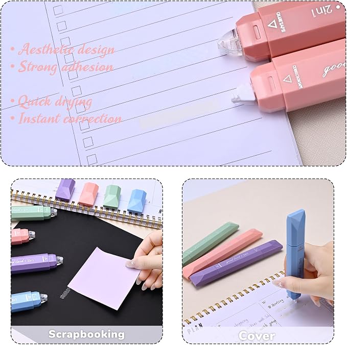 Temiary 4 Pcs 2 in 1 White Correction Tape and Double Sided Roller Set, Aesthetic Smooth Pull Out Tapes with Adhesive Glue Tape Roller Runner for School Office Supplies (Pink)