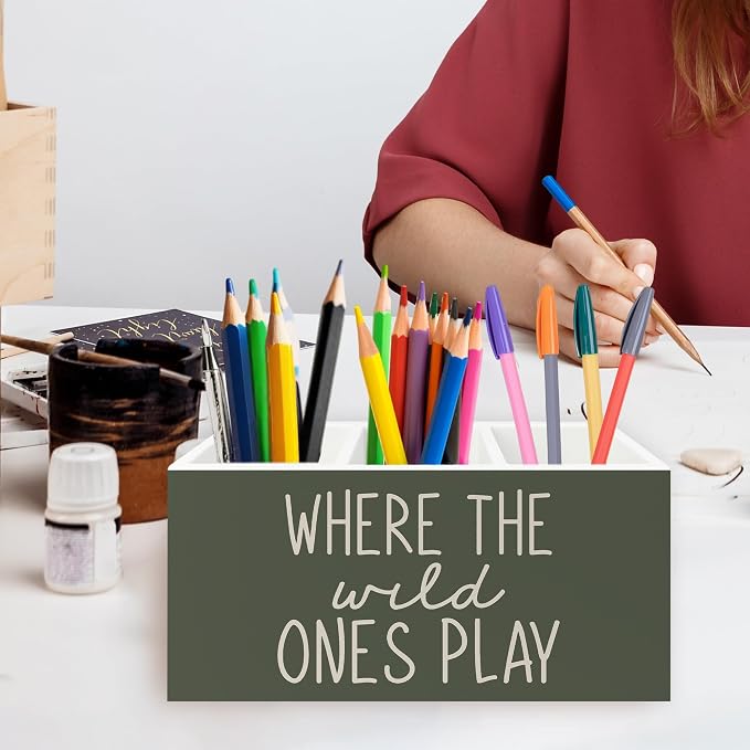 Boho Green Kids Pen Pencil Holder Organizer for Desk, Where the Wild Ones Play Wooden Box Signs Decorations for Kids Boys Room Bedroom Playroom Desk Tabletop, Boy Nursery Decor