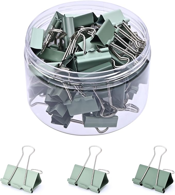 Temiary Aesthetic Binder Clips, Medium Metal Binder Clip with Clear Storage Container, Binding Paperwork Clamps for School Teachers Office Supplies (Green 0.98 Inch, 48P)