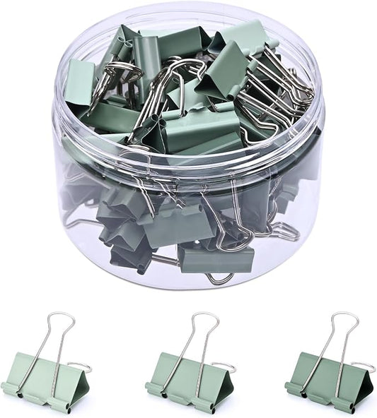 Temiary Aesthetic Binder Clips, Medium Metal Binder Clip with Clear Storage Container, Binding Paperwork Clamps for School Teachers Office Supplies (Green 0.98 Inch, 48P)