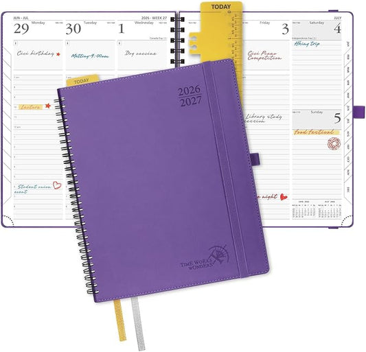 POPRUN Planner 2026-2027 (Large - 8.5'' x 10.5'') Academic Weekly Planner | Calendar(July 2026 - June 2027) Appointment Book with Hourly Time Slots, Monthly Tabs, 100GSM, Spiral Leather Cover - Purple