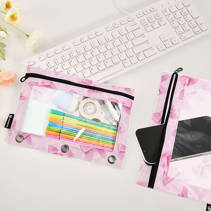 Bow Tie Pencil Pouch Fits Standard 3-Ring Binders, Zipper Binder Pencil Bag with Clear Window for Office 2 Pack