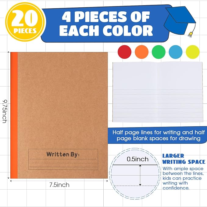 Henoyso 20 Pack Primary Composition Notebook, 9-3/4" x 7-1/2", Kids Primary Journal, K-2 Writing Notebook for Kids Student Draw Write Story Journal Half Blank Books(Bright Color)