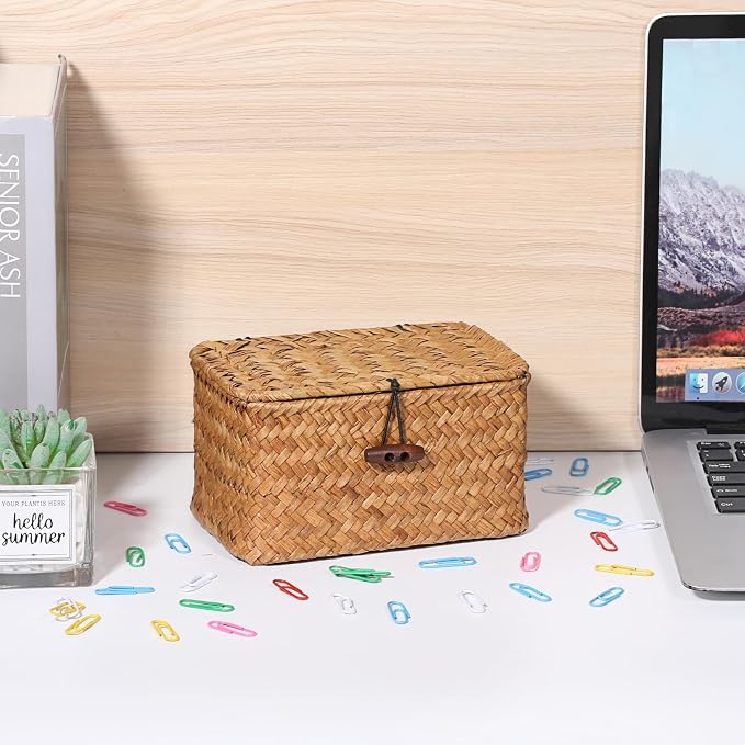 Small Decorative Box Natural Seagrass Box with Lid Small Basket for Organizing Keys Wicker Shelf Baskets for Bathroom Living Room,6.1"L x 4"W x 3.3"H