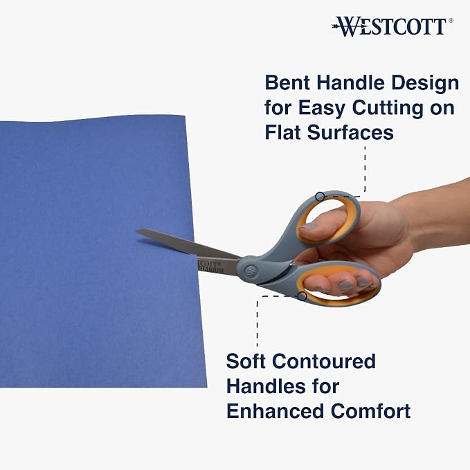 Westcott 8" Bent Craft Scissors with Titanium-Bonded Blades for Heavy-Duty Use (Yellow/Gray)
