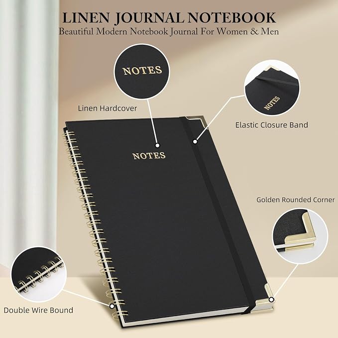B5 Spiral Notebook Journal, (6.9×9.8'' ) 100 Pages 50 Sheets Linen Hardcover College Ruled Journaling For Work & Note Taking Thick Spiral Journal For Writing Daily Journal For Women & Men -Black
