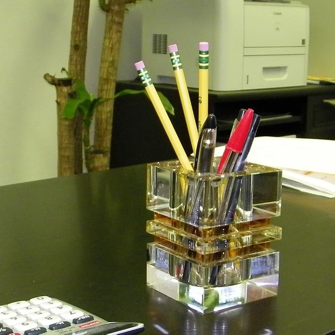 Amlong Crystal Desktop Collection Crystal Pen Holder, Amber