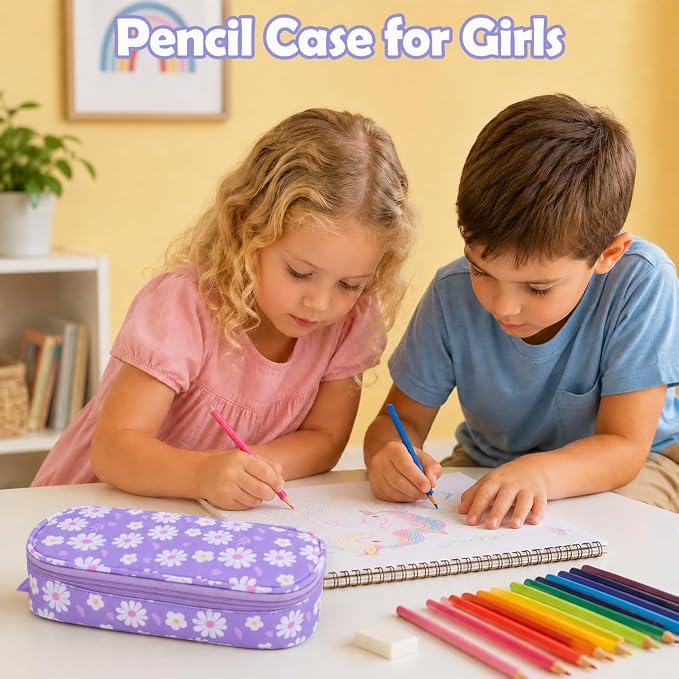 RHCPFOVR Kids Pencil Case for Girls-Soft Zipper Large Capacity Pencil Pouch for Girls Pencil Case for School Pencil Bag for Toddler (Purple Flower)