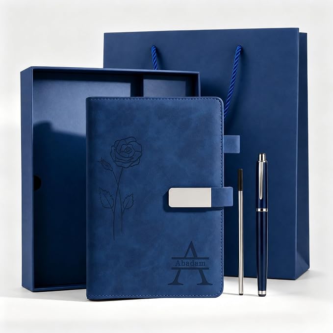 CRME Personalized Leather Journal with Pen and Gift Box,Engraved A5 Hardcover Notebook with Custom Name,Personalized Notebook and Pen Set for Office Work Travel,5.8"x 8.3",Blue
