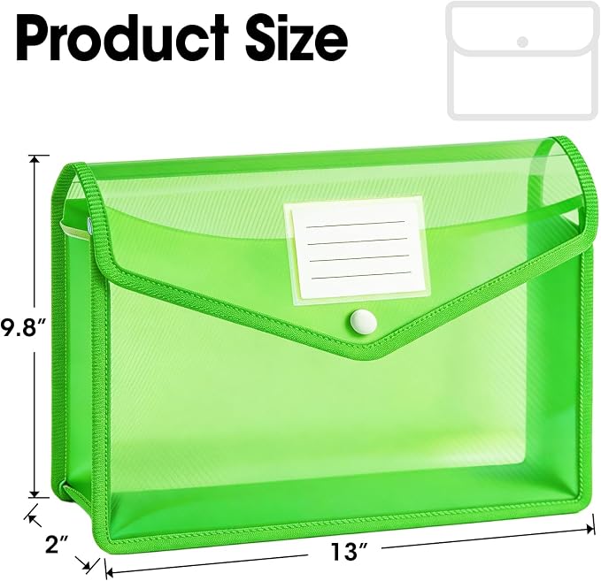 AZEN 12 Pack Plastic Expanding File Folder, Plastic Envelopes with Snap Closure for Documents, Accordion Folder Organizer for File Folder, No Dividers, Fit Letter/A4 Size