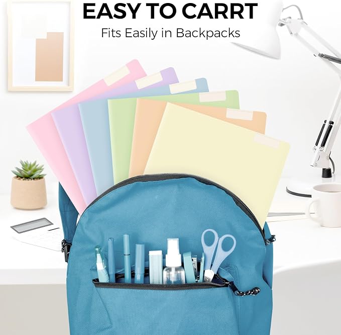 Folders with Pockets and Tabs, 6 Pack Plastic File Folders with 18 Labels, Letter Size School Folders with Pockets, Color-Coded Project Folders for School, Home and Office Soft Pastels Colors