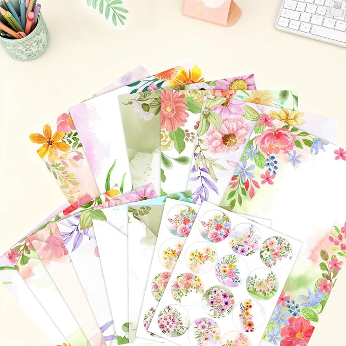 50 Pcs Stationery Paper Envelopes Set Includes 24 Writing Paper & 24 Envelopes with 24 Round Stickers, Cute Flower Floral Letter Writing and Stationery Paper Envelopes for Girls Invitations(6Style)