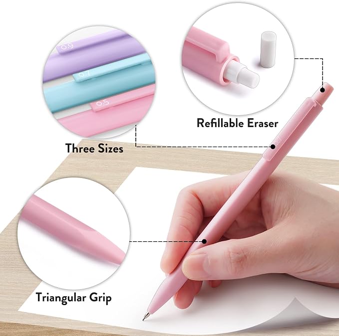 Four Candies Cute Pastel Mechanical Pencil Set, 6-Pack, 3 Sizes Included | 0.5/0.7/0.9mm, 360 HB Leads, 3 Erasers, 9 Eraser Refills, Storage Case, Aesthetic School Supplies for Girls Writing & Drawing