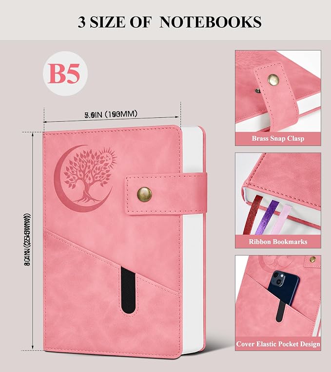 PAIBAS 7.6 x 10 Lined Notebook Journal 366 Pages Leather Journal for Women | Large notebook B5 journal with 100gsm lined notebook paper college ruled, 3 ribbon bookmarks, cover pocket & brass snap.