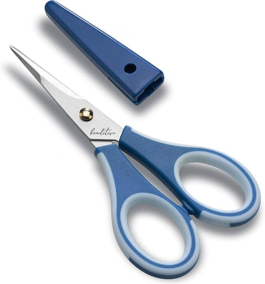 Beaditive Precision Craft Scissors - Ultra Sharp Stainless Steel Blades & Non-Slip TPR Handles - Adult & Kid Scrapbooking Scissors With Safety Cap For Home, Office, School (Blue)