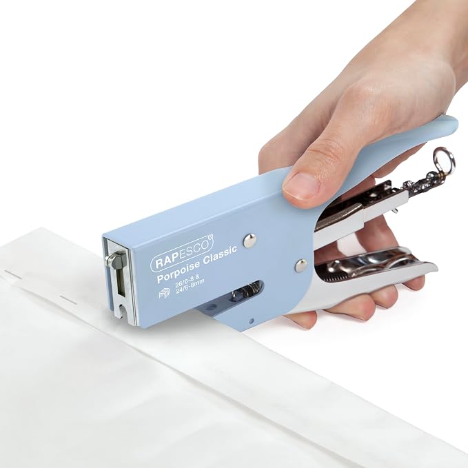Rapesco 1355A Porpoise Classic Stapling Plier with 10.000 Staples, Type 26 Standard 5/16", 45 Sheet Capacity, Uses Type 26 Standard and Type 24 High-Capacity Staples, All Metal, Powder Blue | 45 Sheet Capacity, Includes 10,000 Type 26/8mm Staples, Powd...