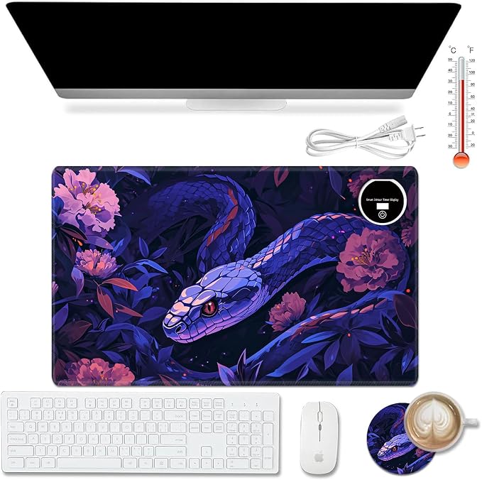 Heated Desk Pad Mouse Pad,Heated Desk Mat,with 3 Heating Levels & 3 Hours Auto Shut-Off,Leather 23.6"*14.2" Gaming Mouse Laptop Mat,Foot Warmer,Purple Snake Flower