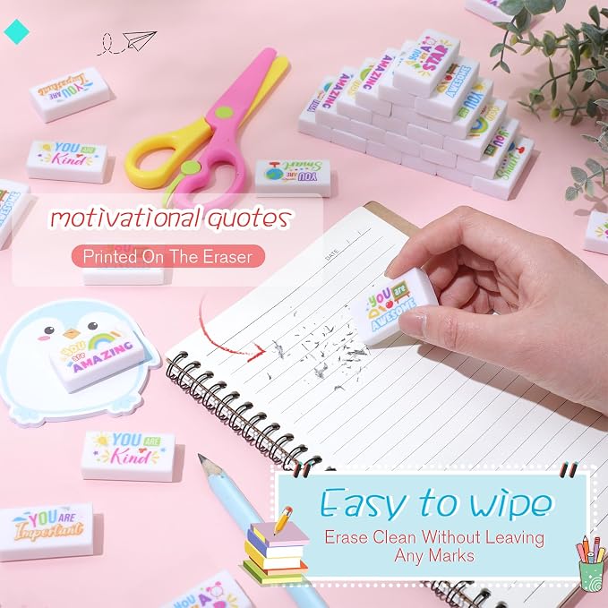 Resurhang 180 Pcs Erasers Bulk for Kids Inspirational Pencil Erasers Bulk for Drawing Motivational Big Eraser School Supplies for Classrooms Back to School Office (Inspirational,White)