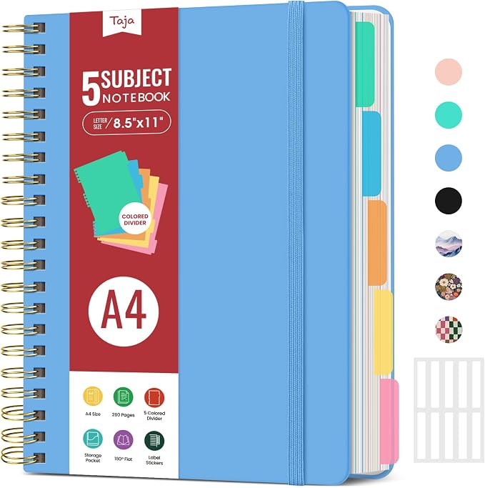 Hardcover Spiral Journal Notebooks for Work With Removable Dividers & Tabs, 8.5"x11" 5 Subject Notebook for Note Taking & Organizer, A4 College Ruled Lined Journal for Women & Writing, Mist, 280 Pages